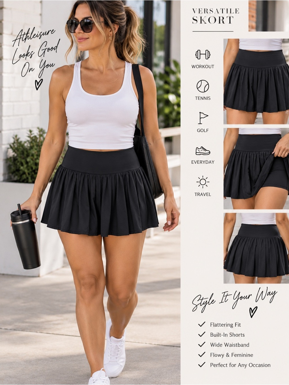 Women’s Black Pleated Athletic Skort High Waist Flowy Tennis Golf Skirt
